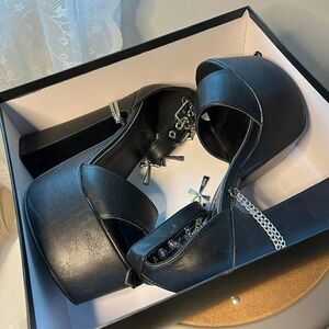 Widow Goth, Emo, Black Faux Leather Akhn Jewlery Platform Sandals Size 8